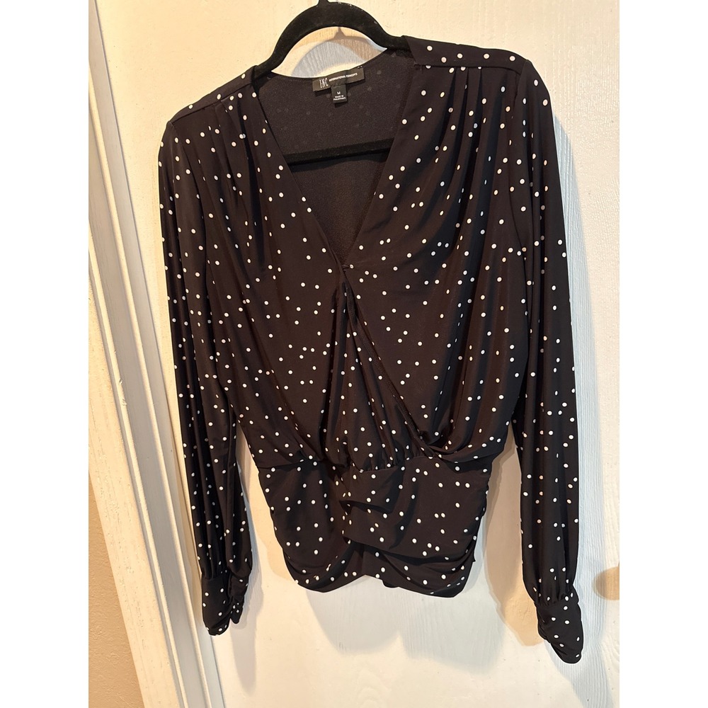 INC International Concepts Black Polka Dot Ruched Surplice V-Neck Blouse Medium